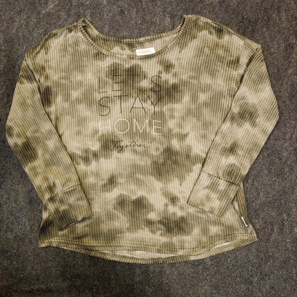 Danskin Womens Green Tie Dye Ribbed Knit Graphic Top Lets Stay Home Small